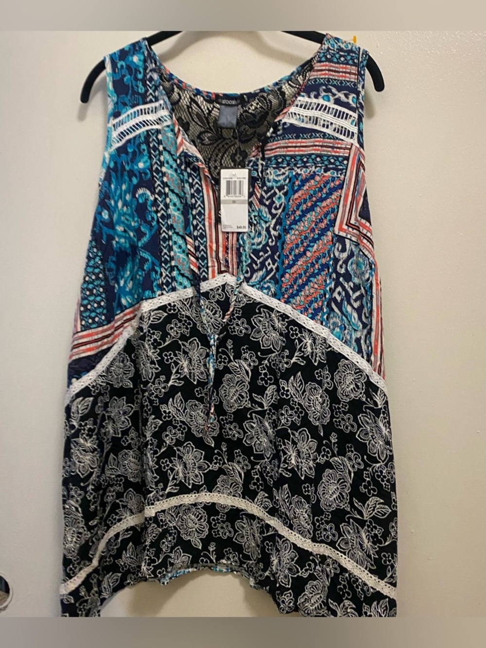 Stoosh Womens Boho Tank Top 0X XL Bust 46” Teal White Black Print New NWT $49